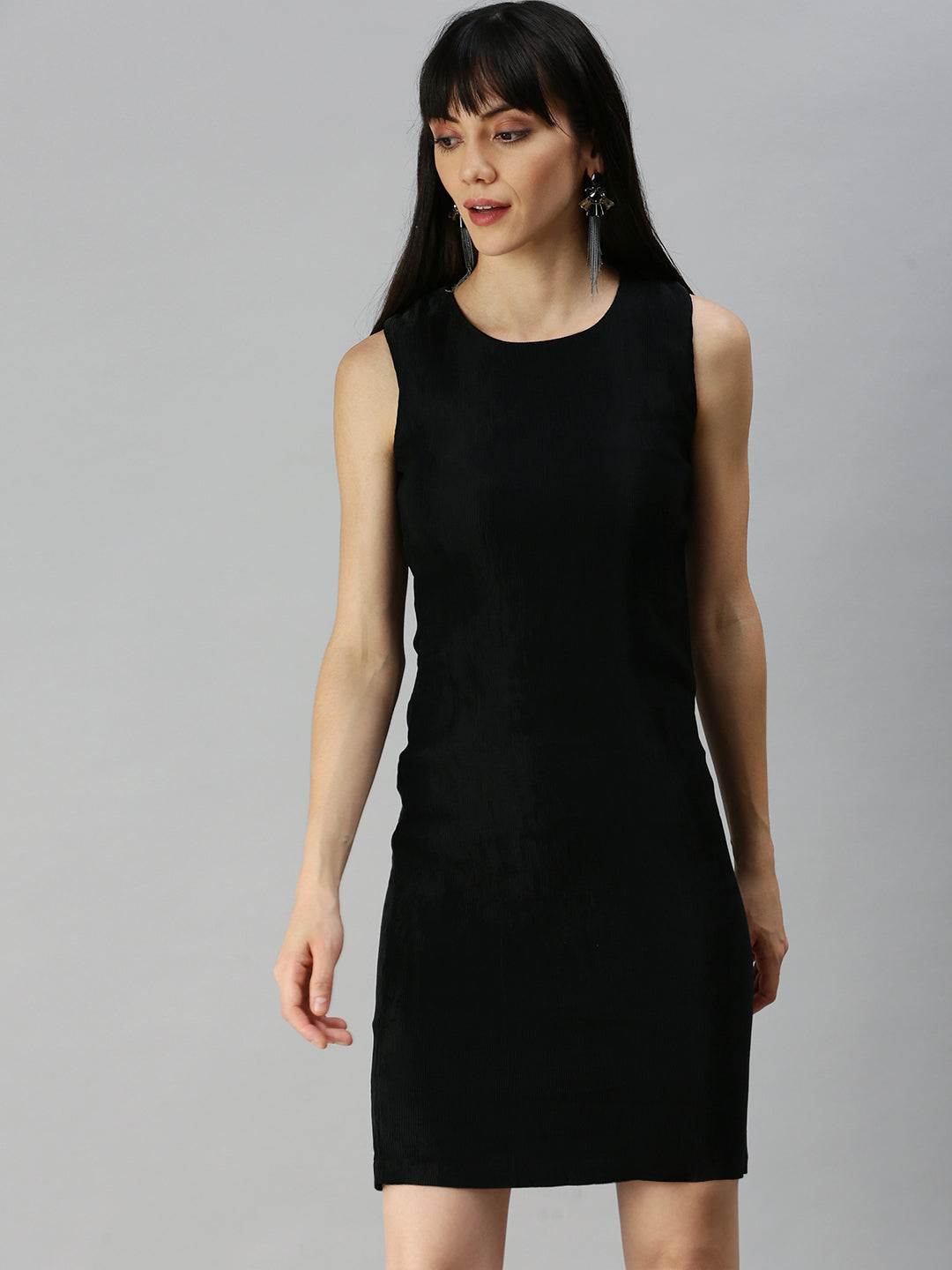 Women Solid Sheath Black Dress