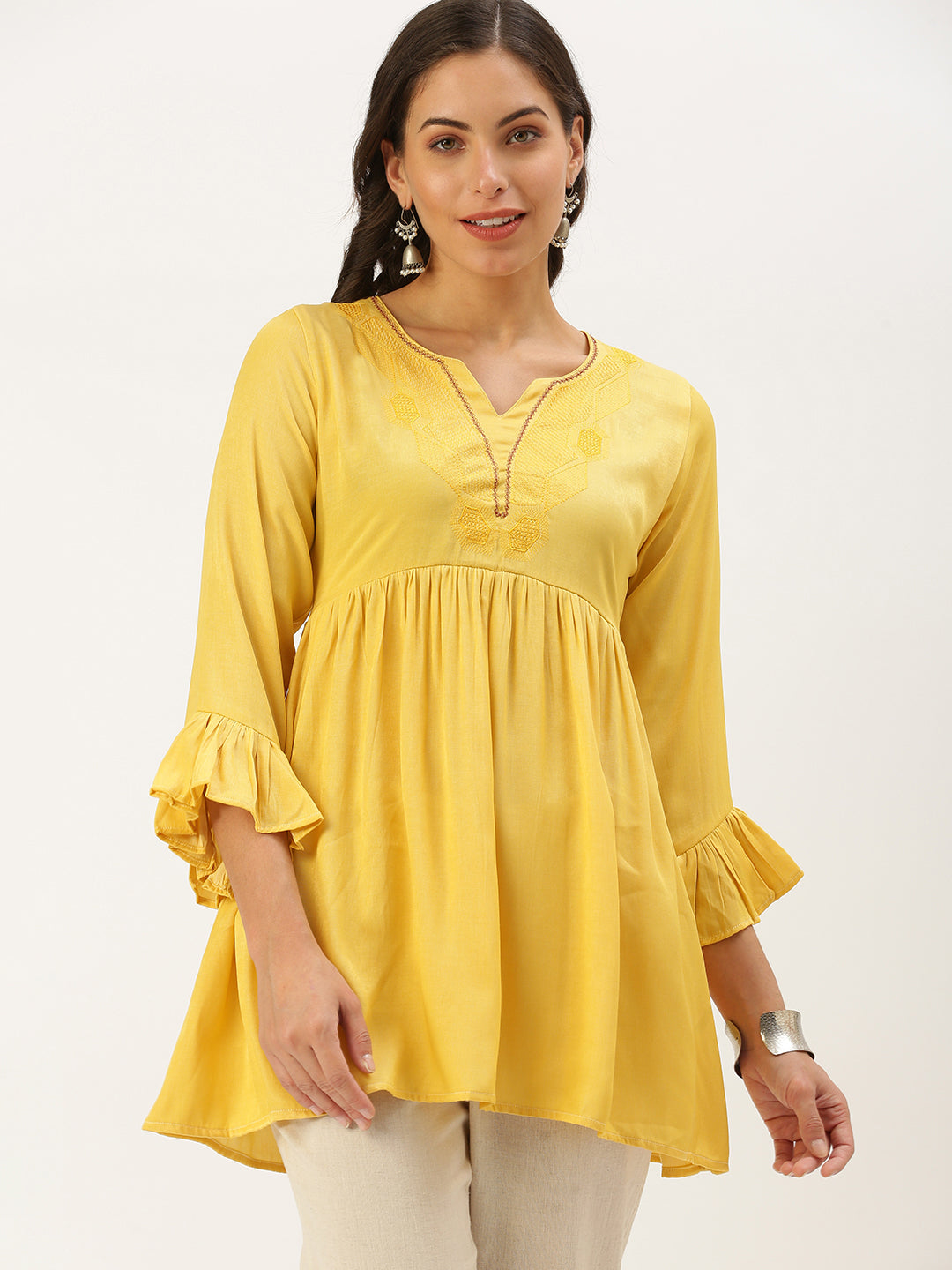 Women Stylised Neck Yellow A-Line Kurti