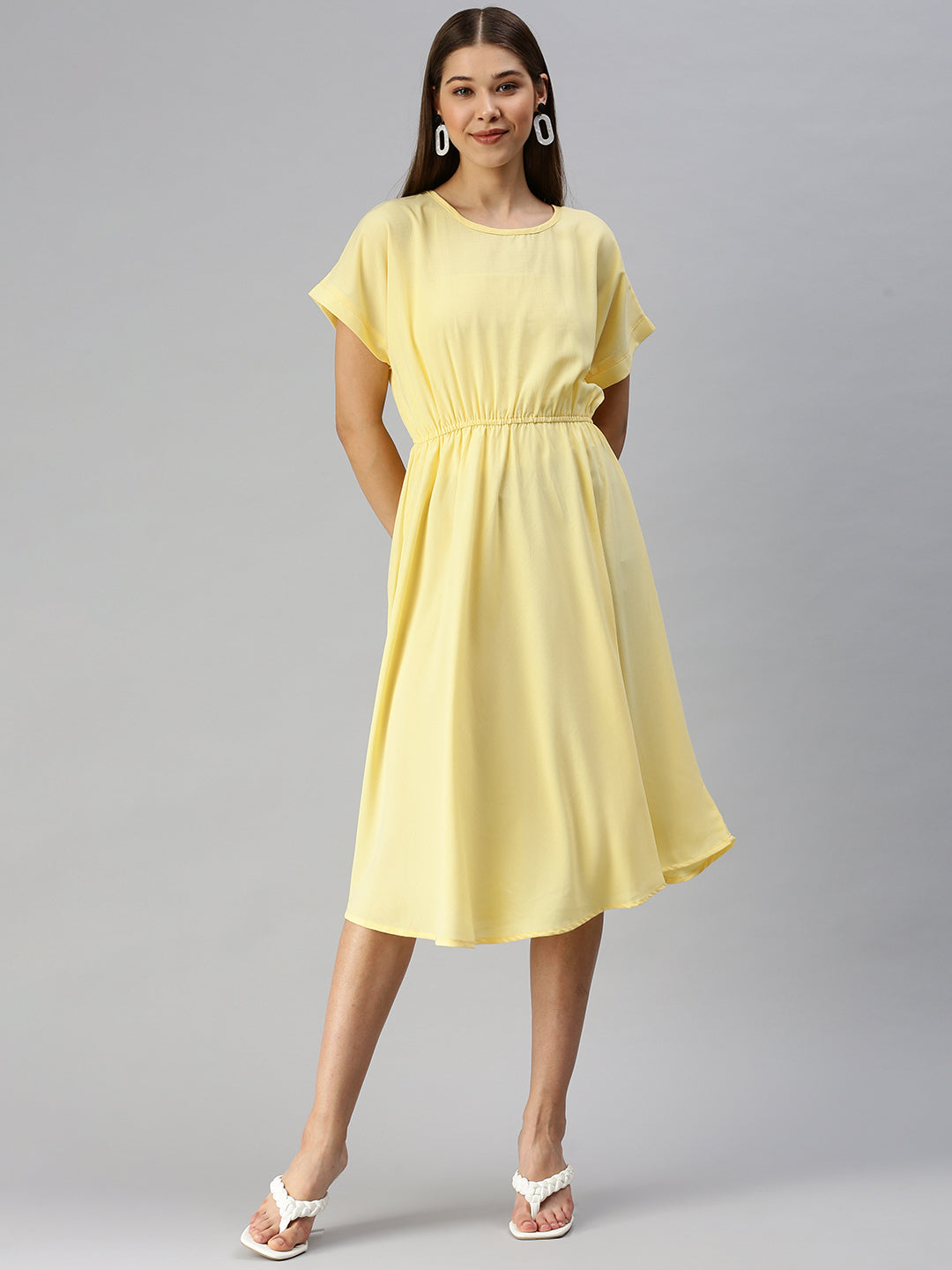 Women Solid A-Line Yellow Dress