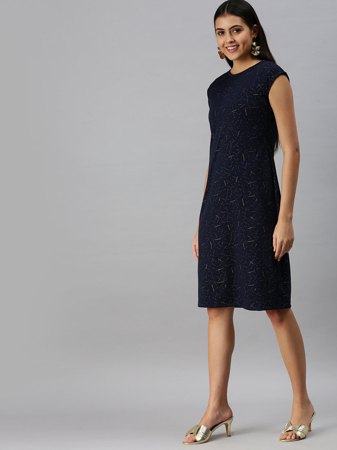 Women Solid Sheath Navy Blue Dress