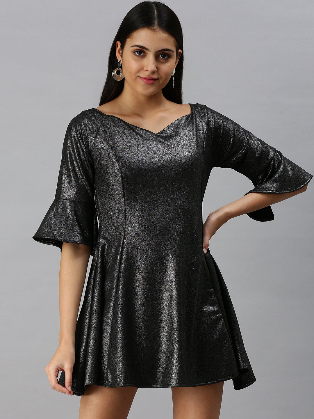 Women Off-Shoulder Solid Fit and Flare Black Dress