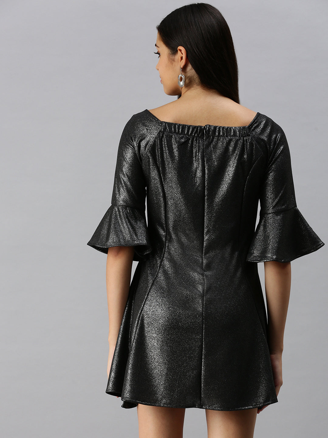 Women Off-Shoulder Solid Fit and Flare Black Dress