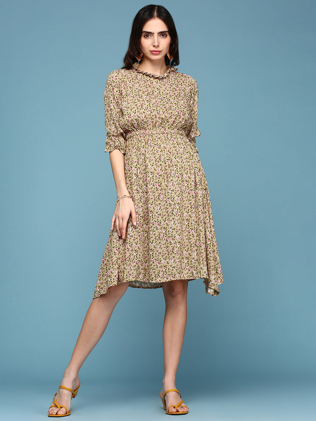 Women's Beige Floral A-Line Dress