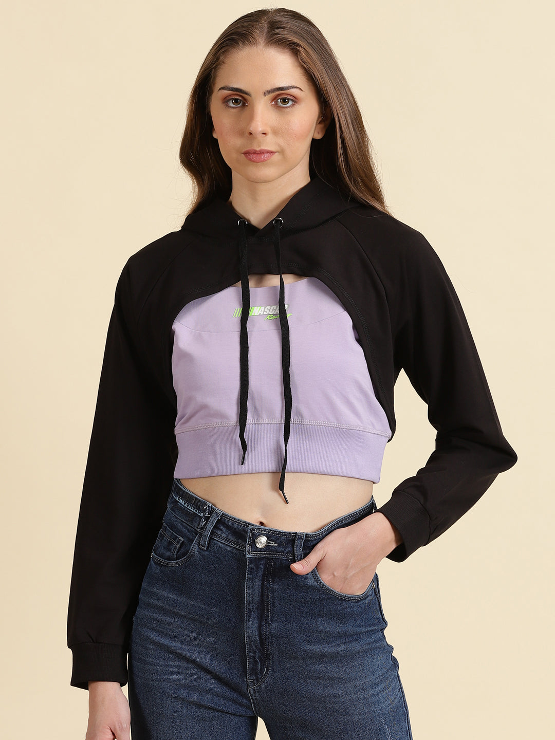 Women Hooded Black Crop Solid Front-Open Sweatshirt