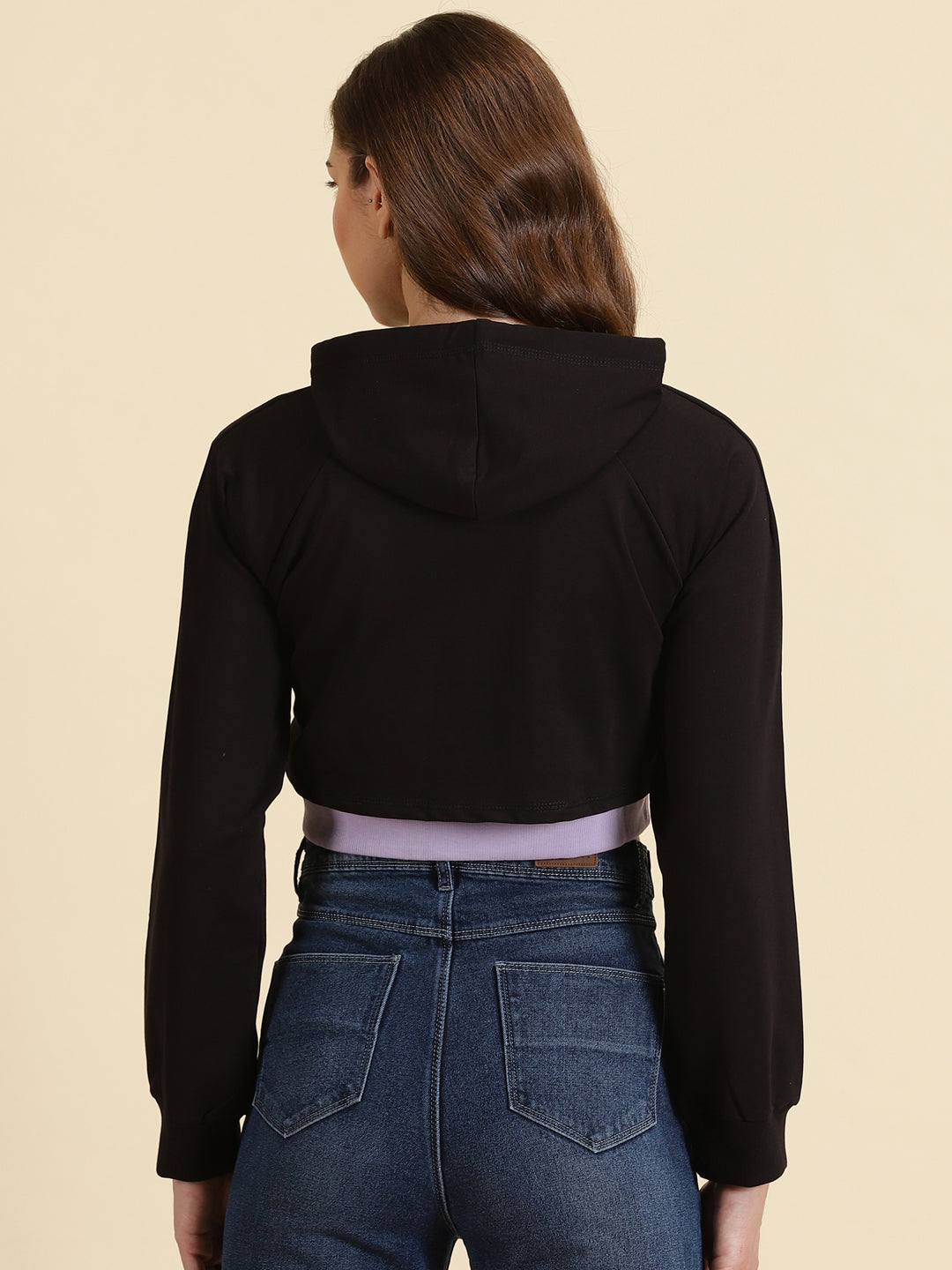 Women Hooded Black Crop Solid Front-Open Sweatshirt