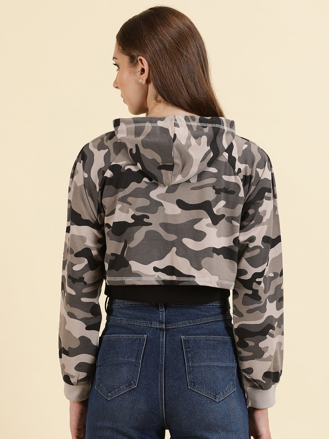 Women Hooded Grey Crop Camouflage Front-Open Sweatshirt