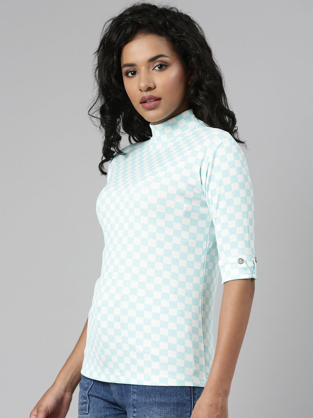 Women Turquoise Blue Checked Regular Top