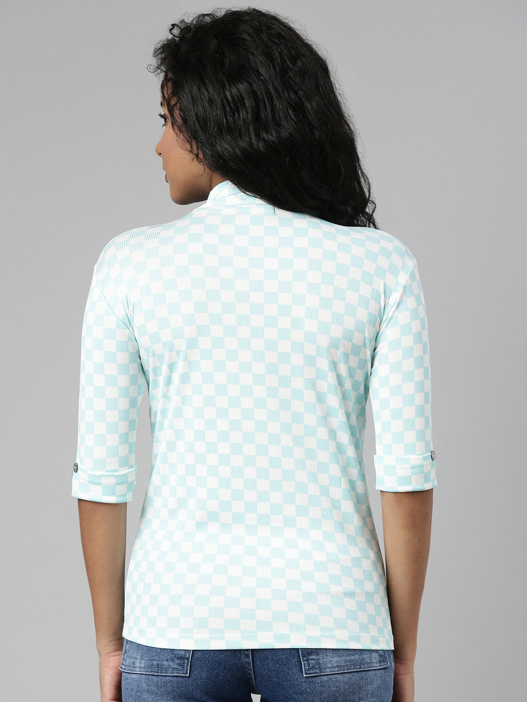 Women Turquoise Blue Checked Regular Top