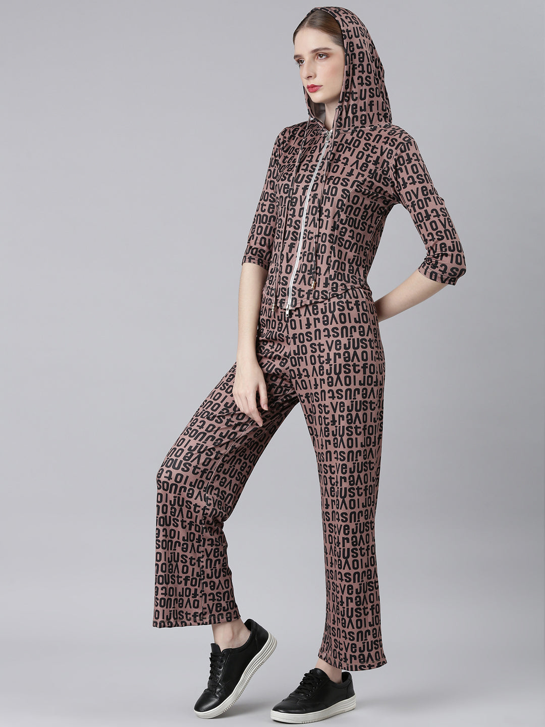 Women Brown Typography Tracksuit