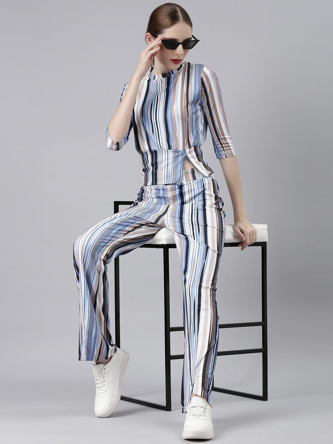 Women Blue Striped Tracksuit