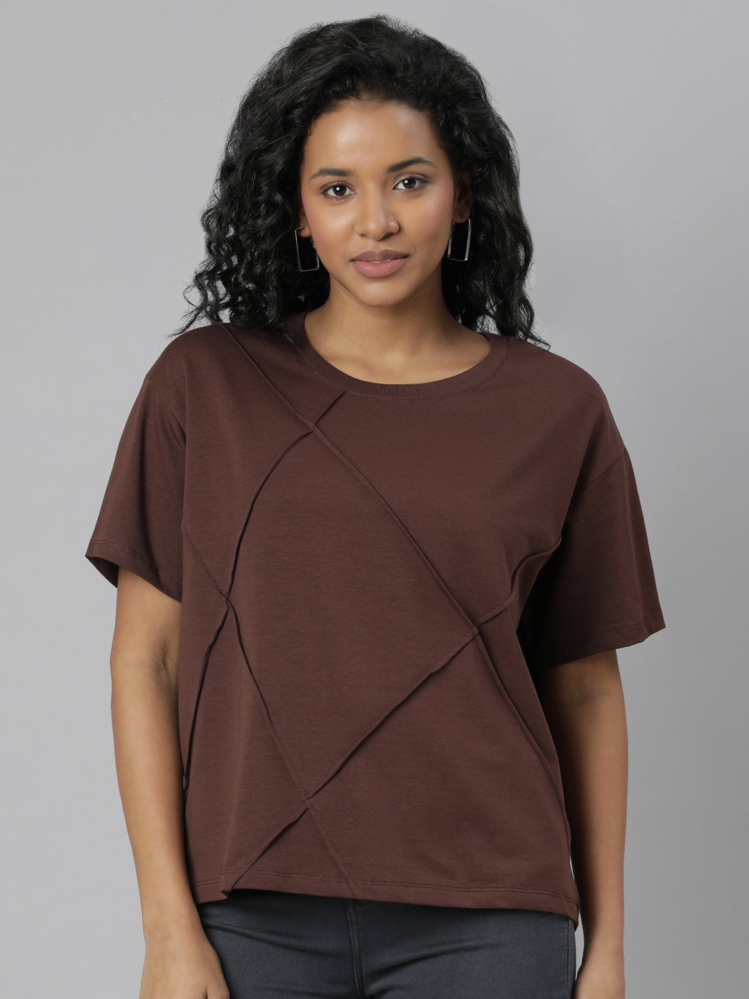 Women Self Design Brown T Shirt