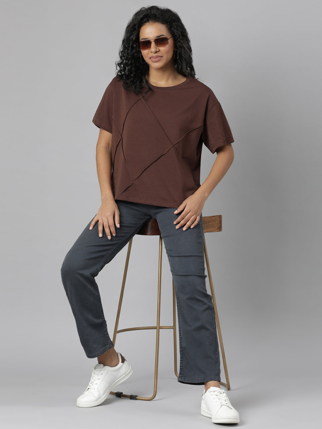 Women Self Design Brown T Shirt