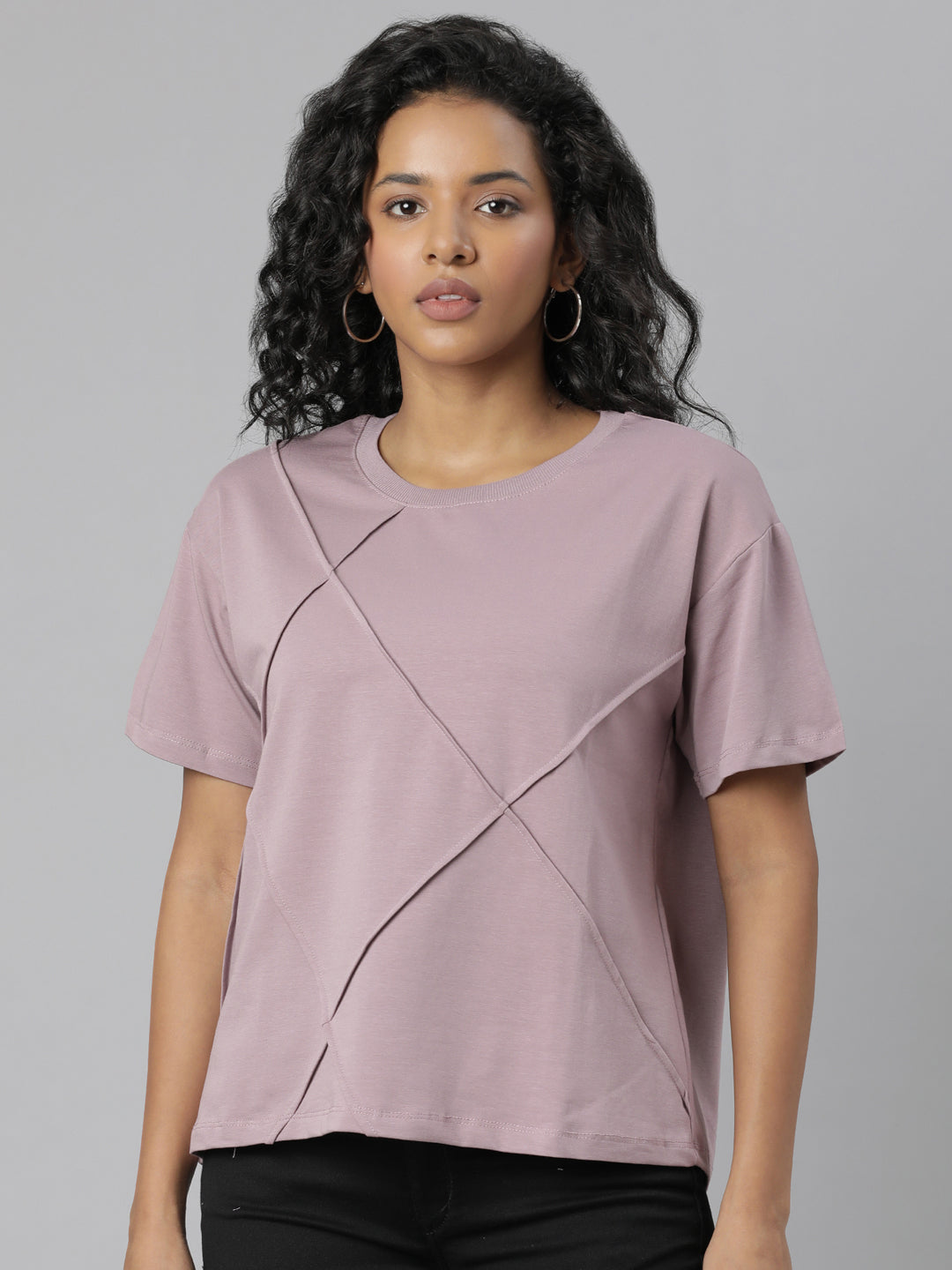 Women Self Design Mauve T Shirt