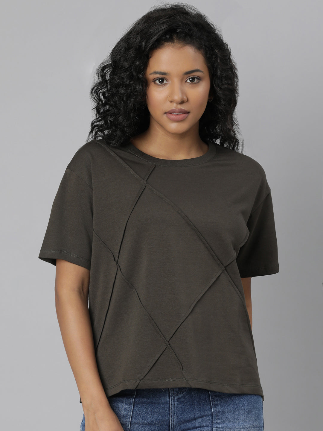 Women Self Design Olive T Shirt