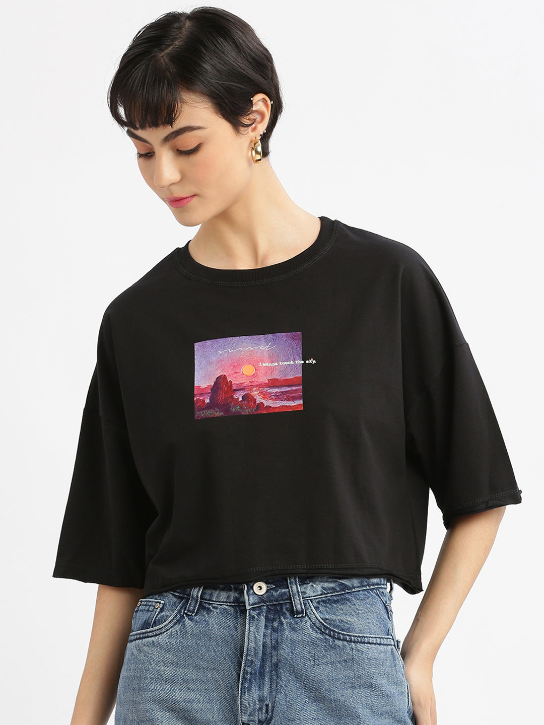 Women Graphic Black Boxy Crop T shirt