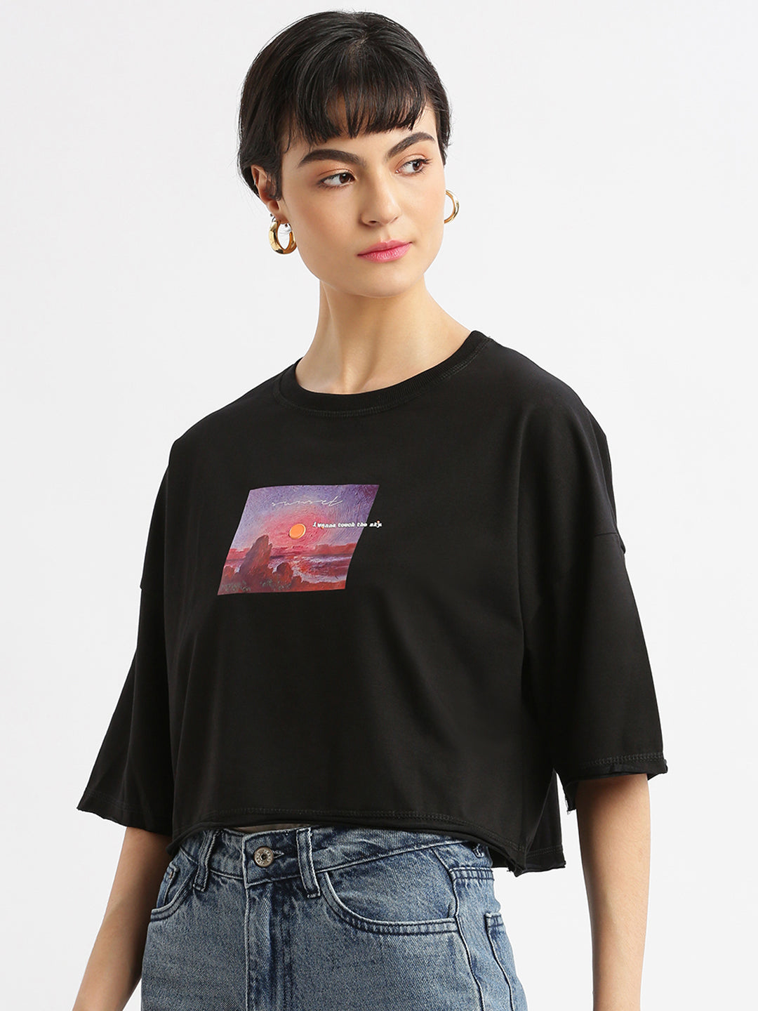 Women Graphic Black Boxy Crop T shirt