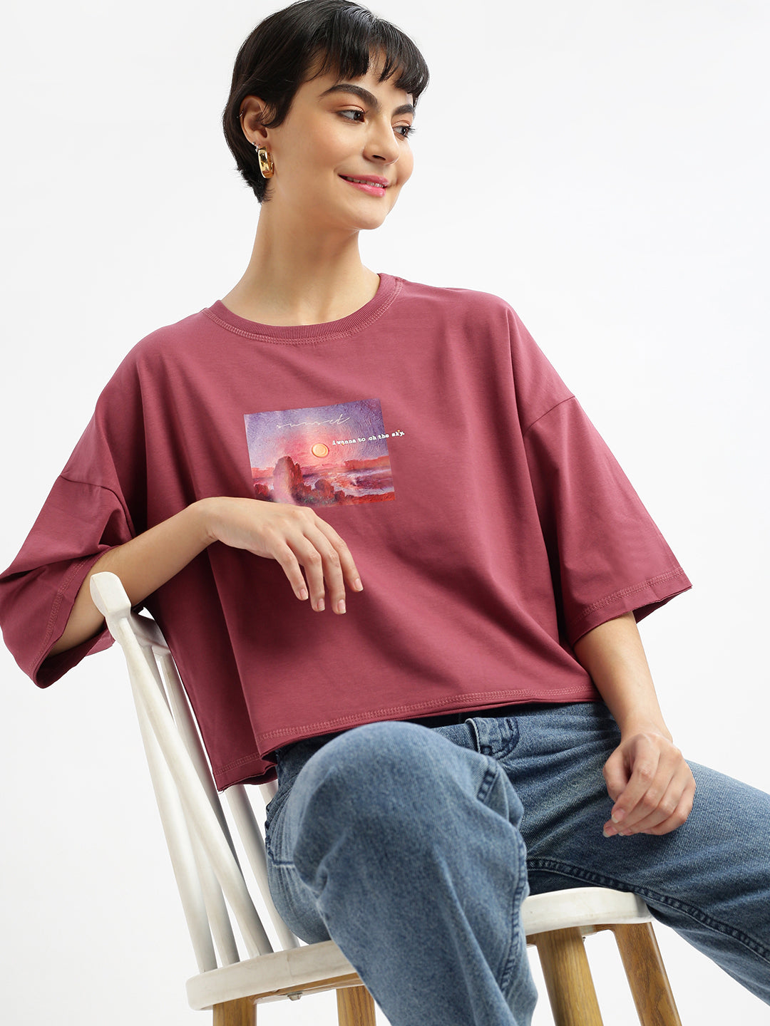 Women Graphic Mauve Boxy Crop T shirt