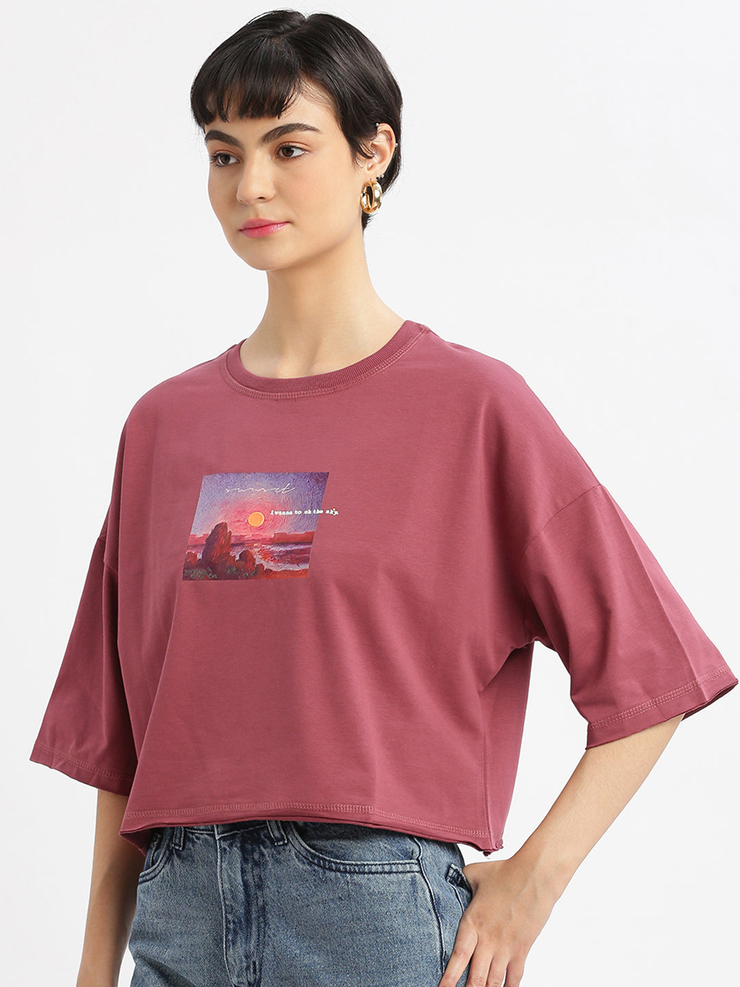 Women Graphic Mauve Boxy Crop T shirt