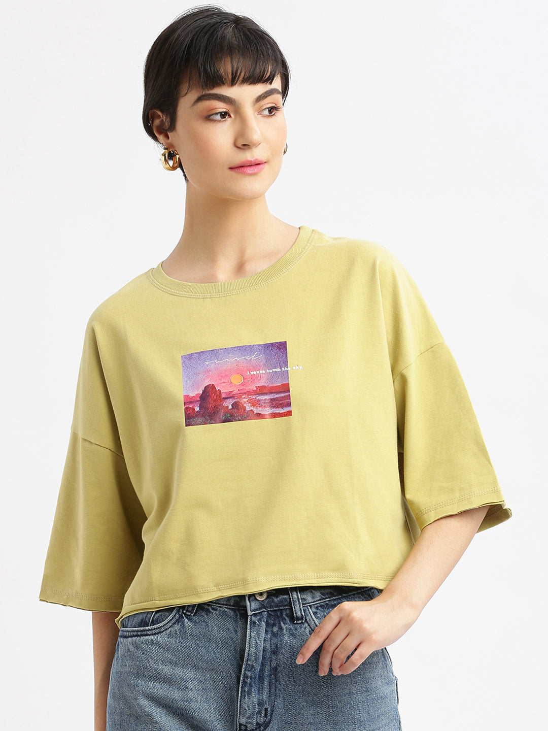 Women Graphic Mustard Boxy Crop T shirt