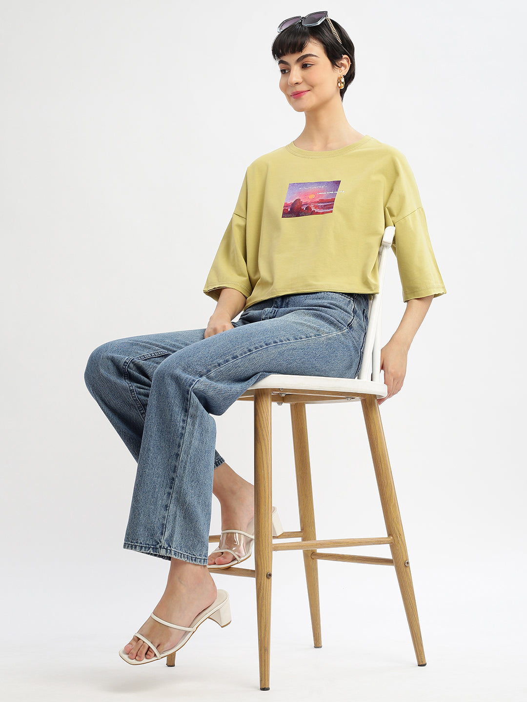 Women Graphic Mustard Boxy Crop T shirt