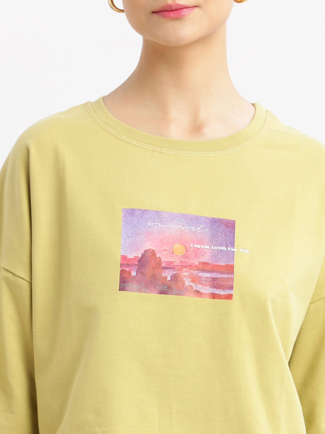 Women Graphic Mustard Boxy Crop T shirt