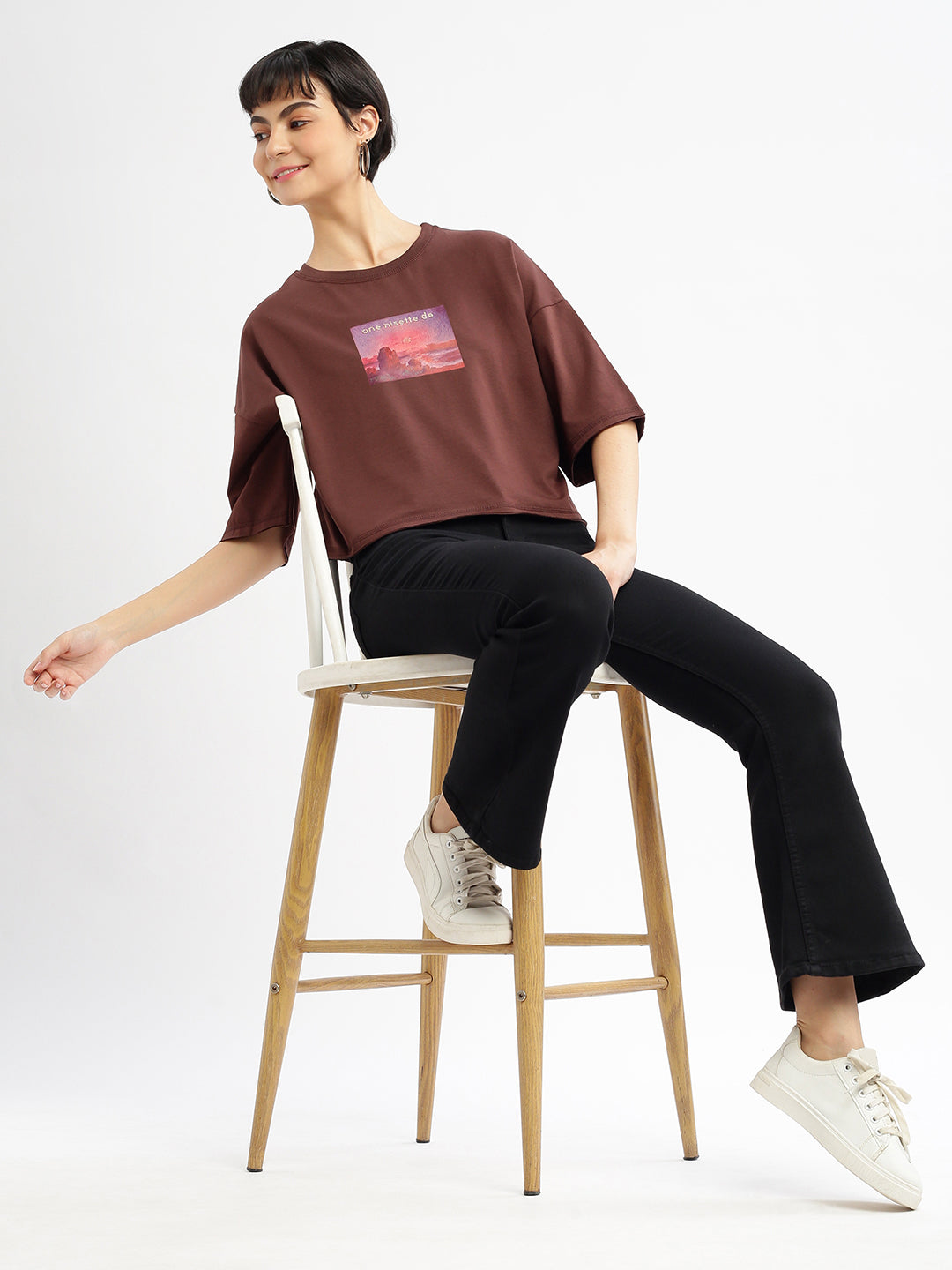 Women Graphic Brown Boxy Crop T shirt