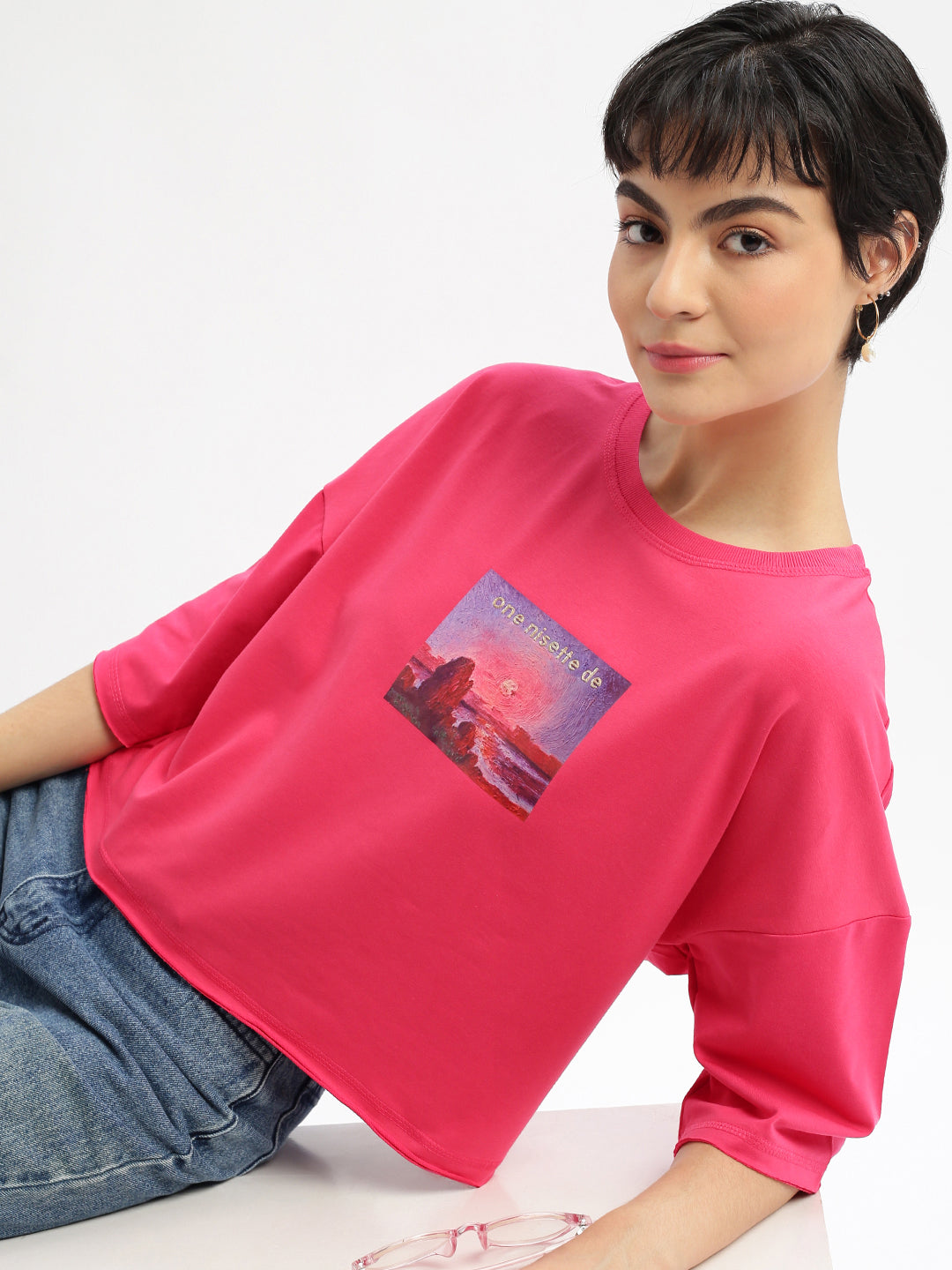 Women Graphic Pink Boxy Crop T shirt