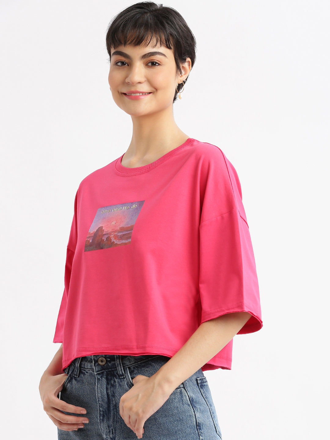 Women Graphic Pink Boxy Crop T shirt