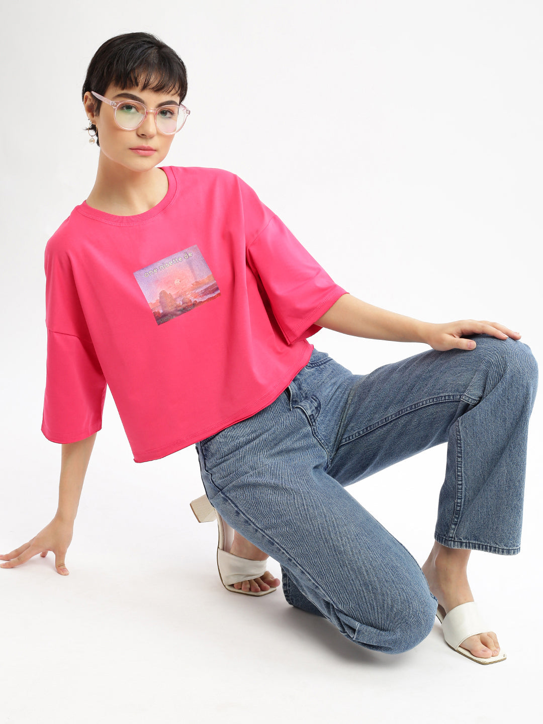 Women Graphic Pink Boxy Crop T shirt