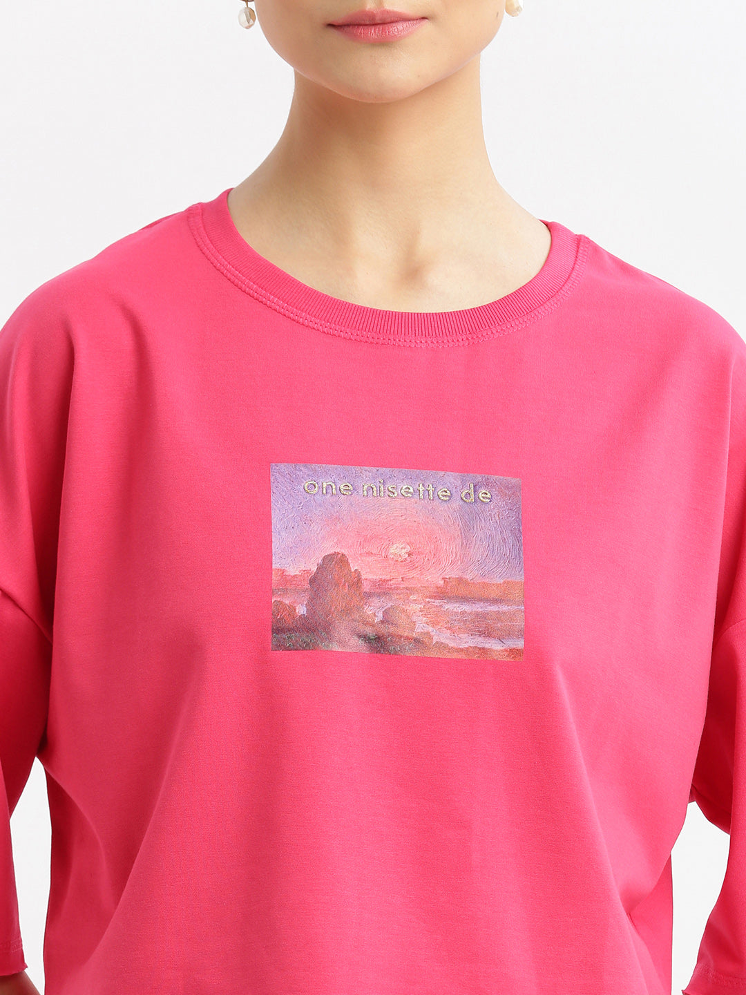 Women Graphic Pink Boxy Crop T shirt