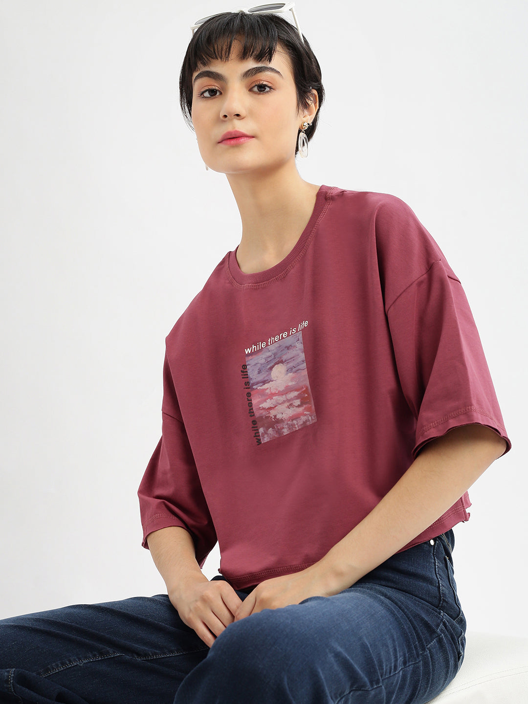 Women Graphic Mauve Boxy Crop T shirt