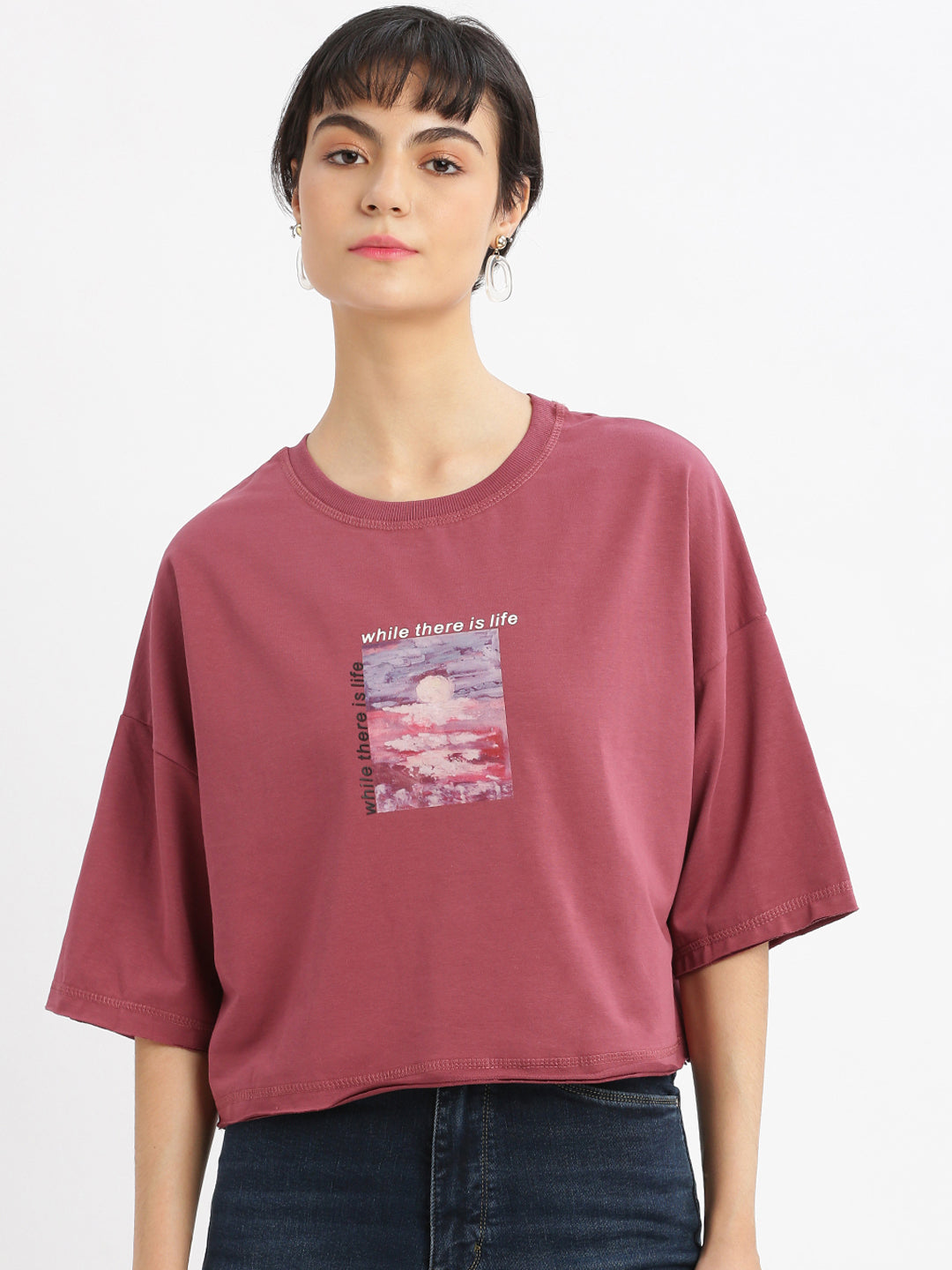 Women Graphic Mauve Boxy Crop T shirt