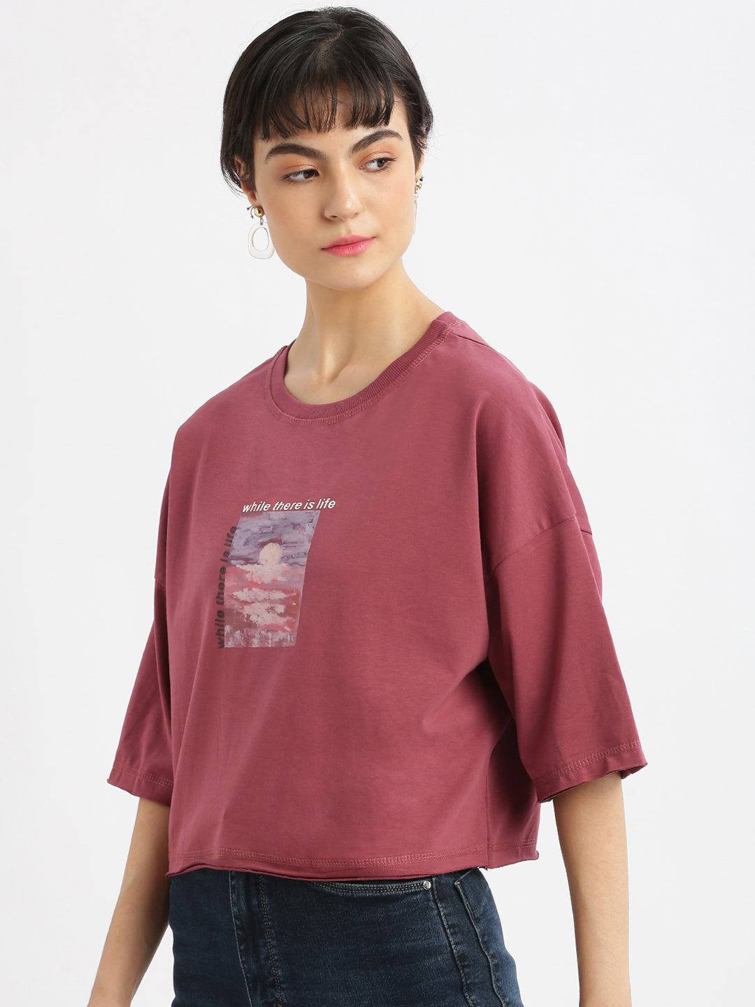 Women Graphic Mauve Boxy Crop T shirt