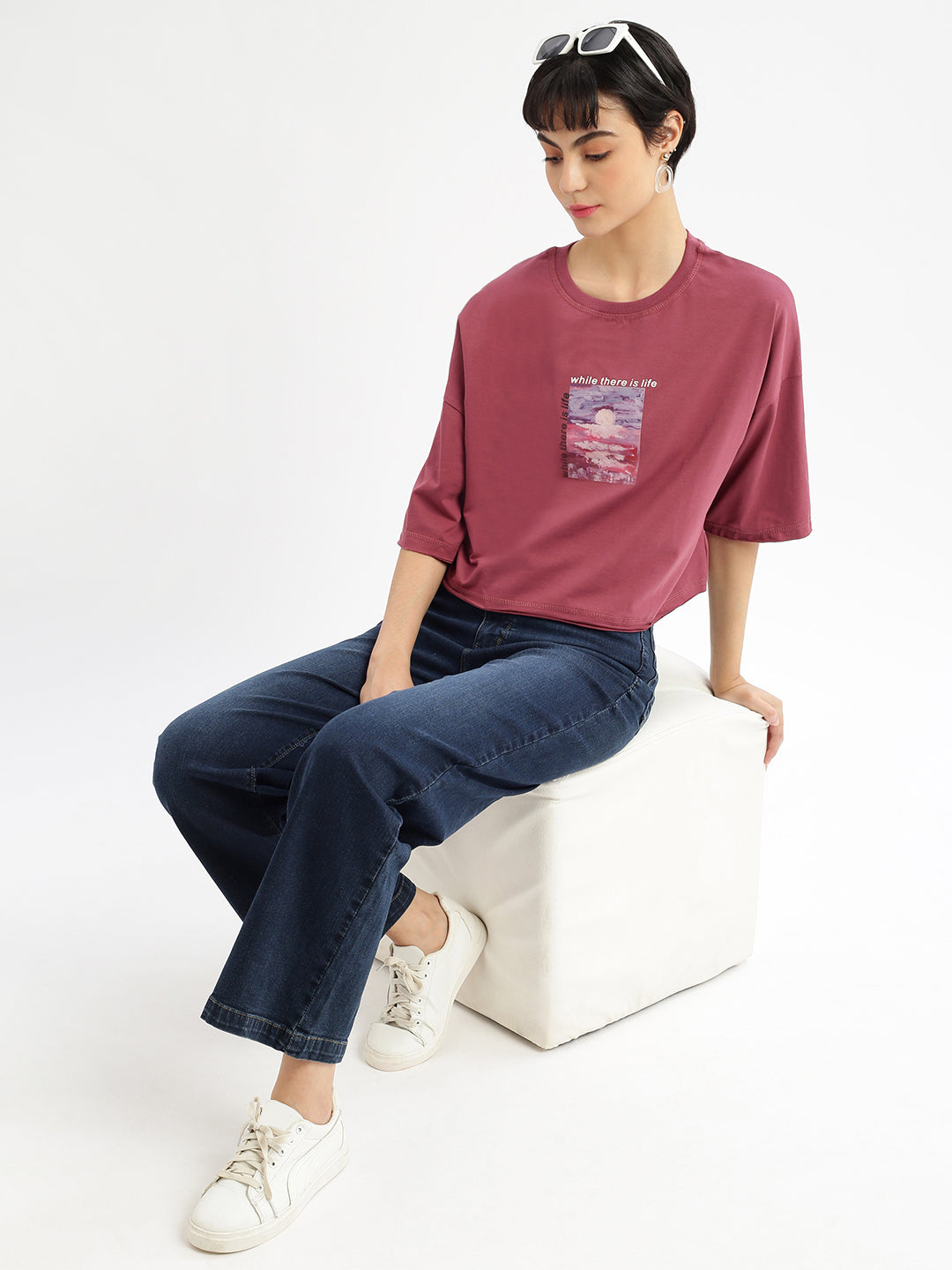 Women Graphic Mauve Boxy Crop T shirt