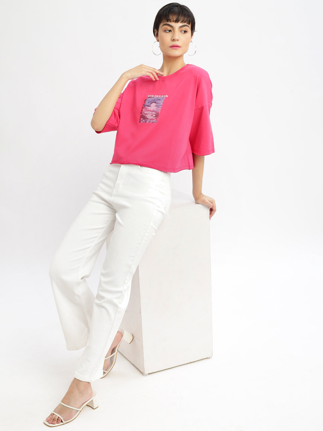 Women Graphic Pink Boxy Crop T shirt