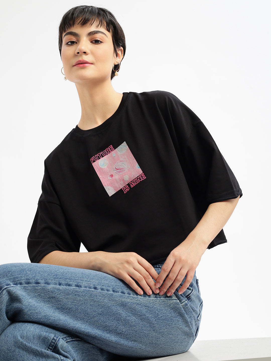 Women Graphic Black Boxy Crop T shirt