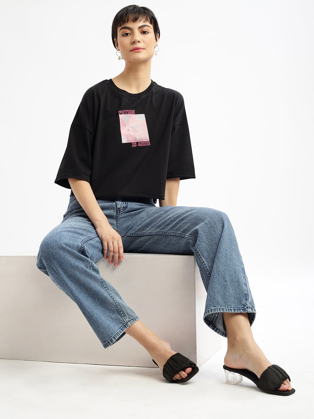 Women Graphic Black Boxy Crop T shirt