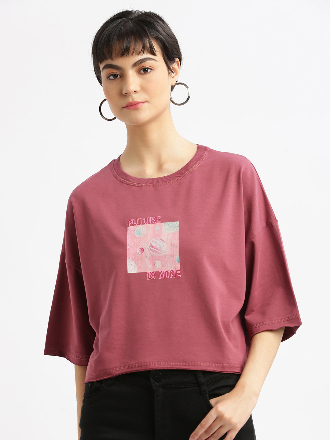 Women Graphic Mauve Boxy Crop T shirt