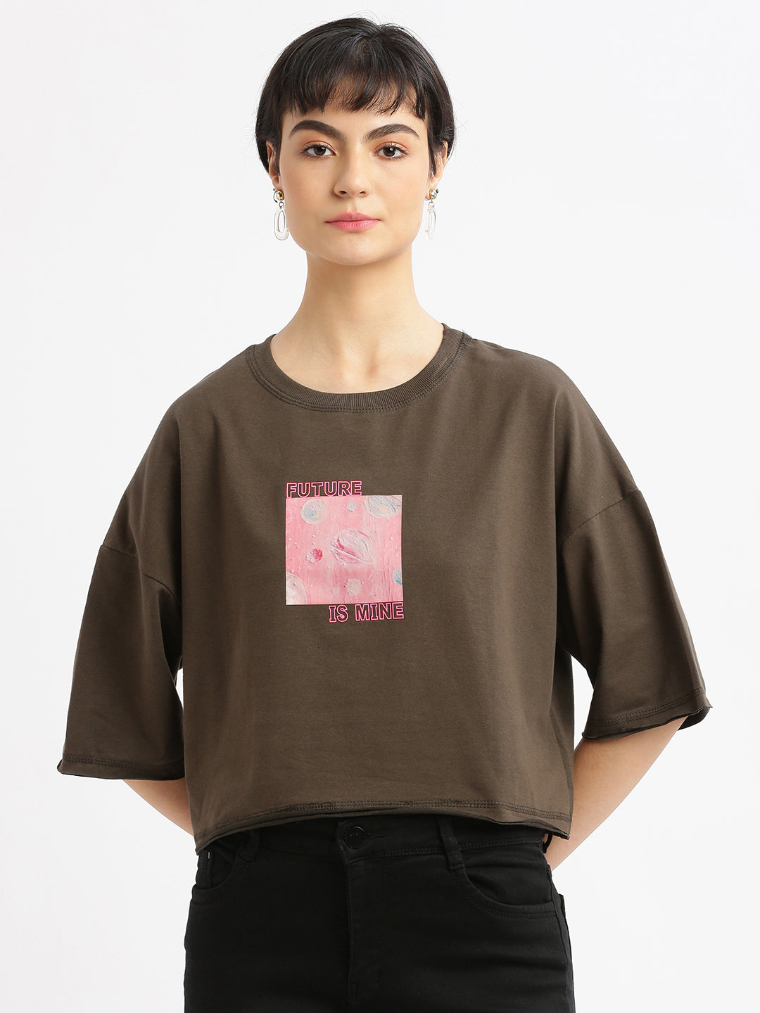 Women Graphic Olive Boxy Crop T shirt