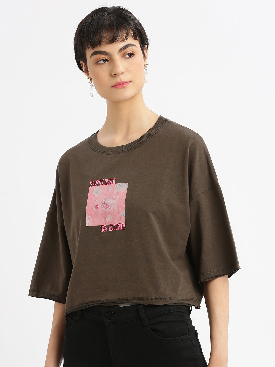 Women Graphic Olive Boxy Crop T shirt