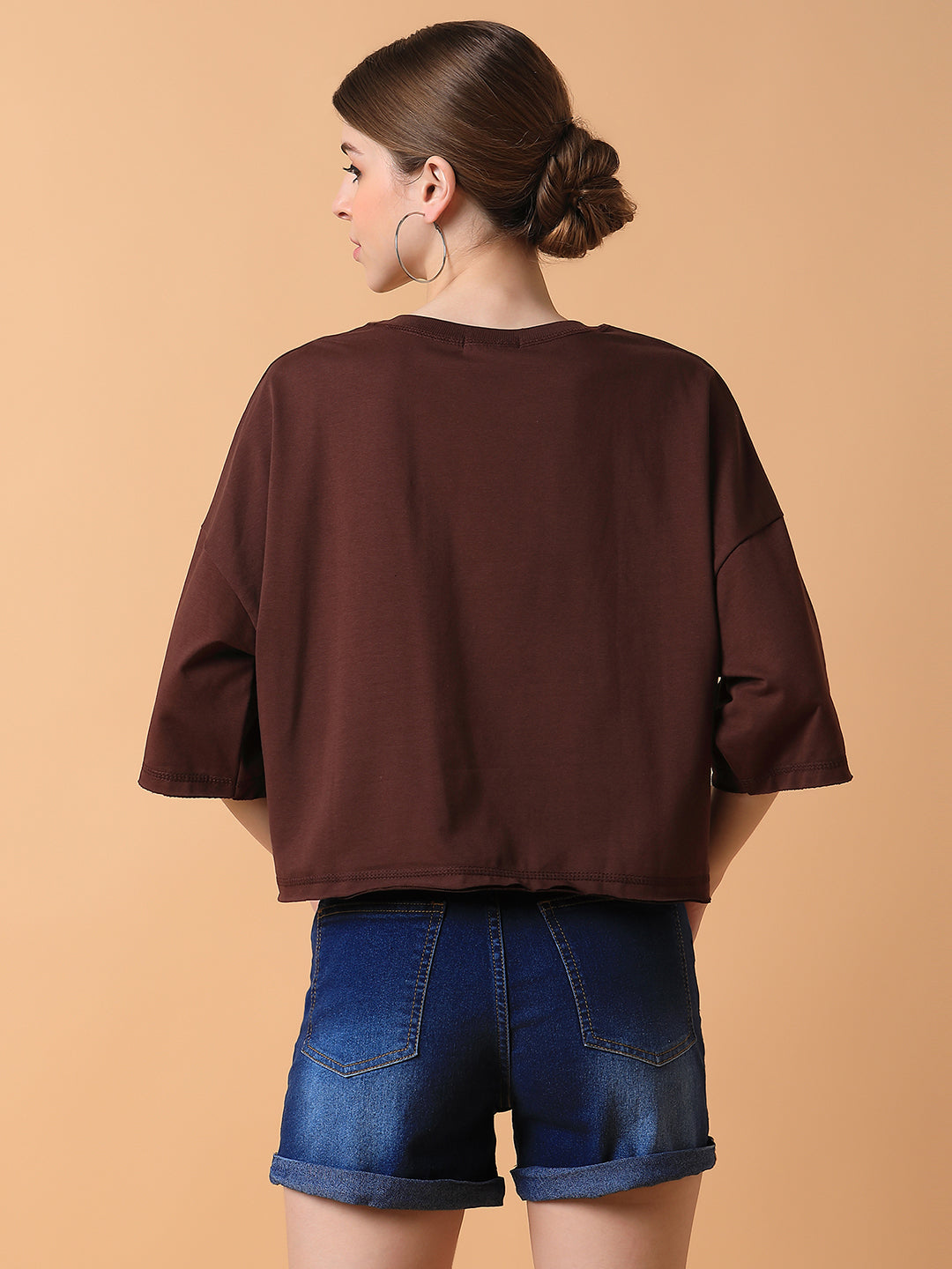 Women Graphic Brown Boxy Crop T shirt