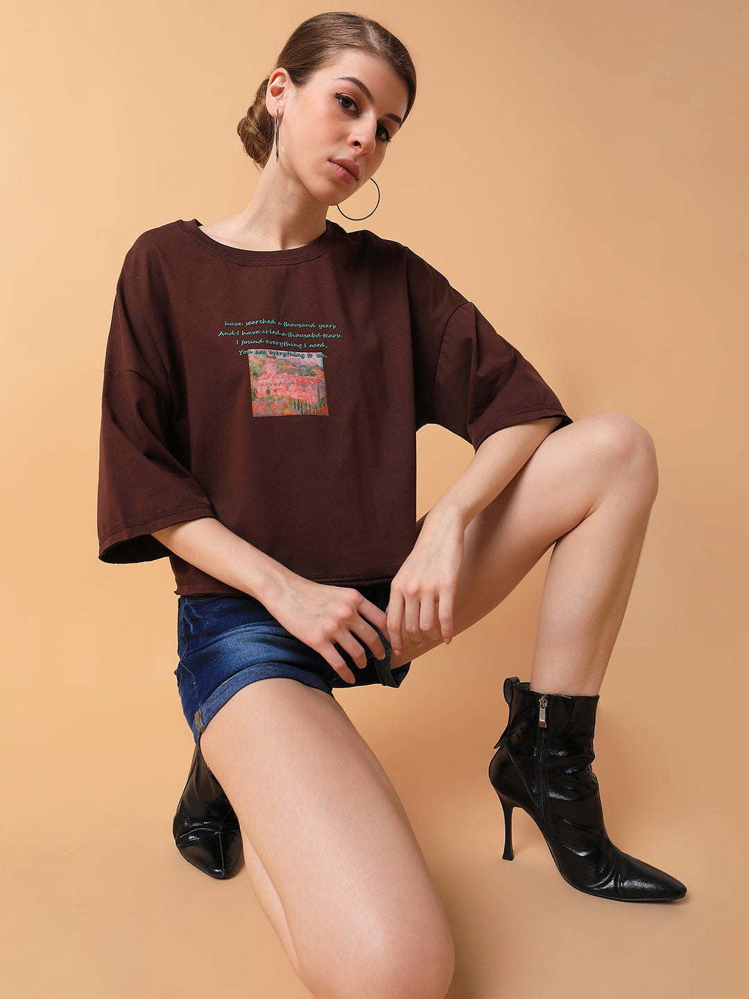 Women Graphic Brown Boxy Crop T shirt