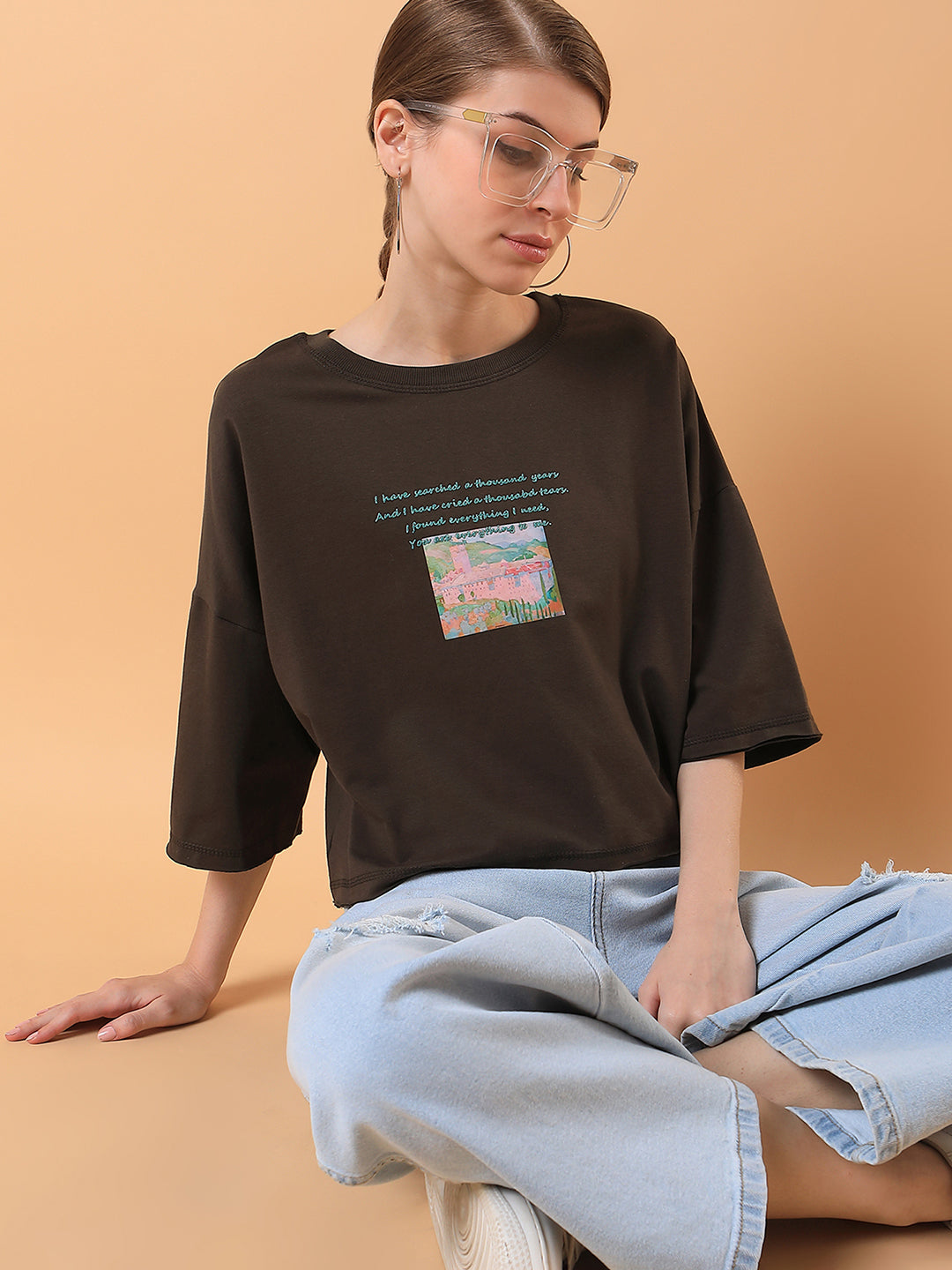 Women Graphic Olive Boxy Crop T shirt