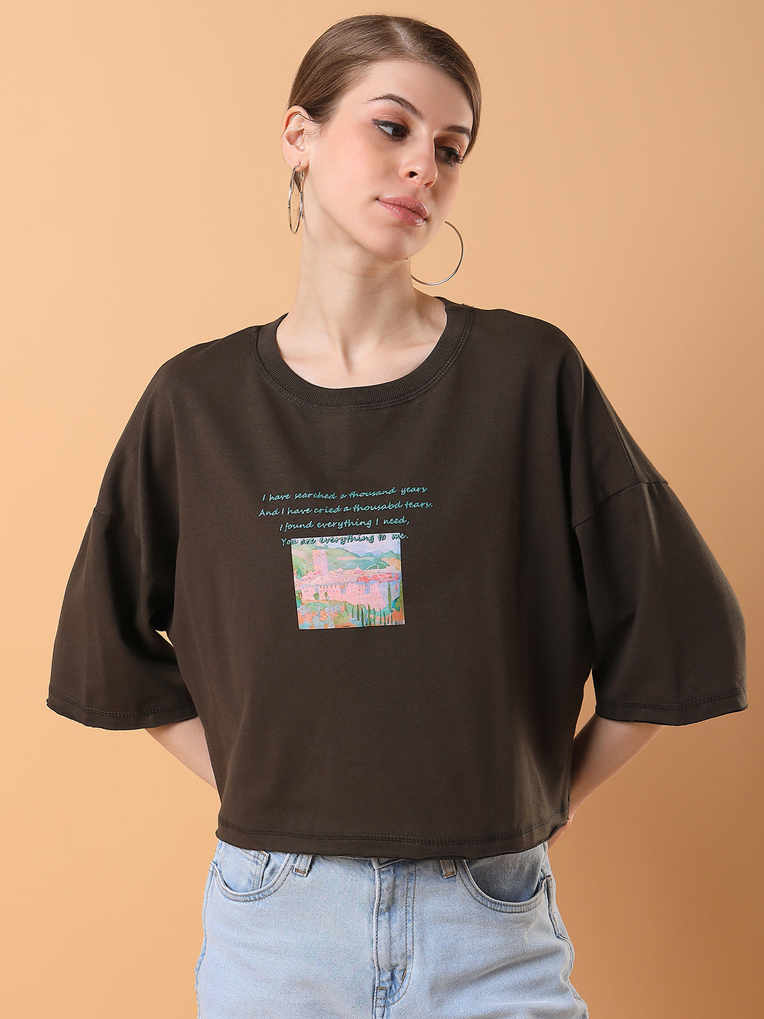 Women Graphic Olive Boxy Crop T shirt