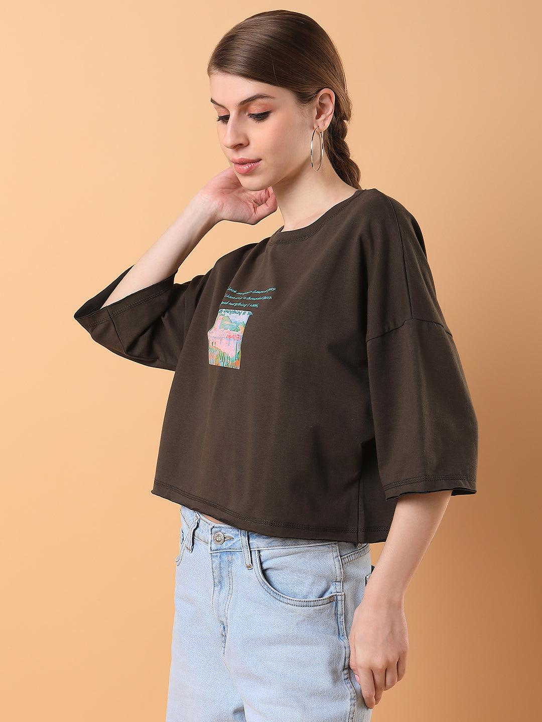 Women Graphic Olive Boxy Crop T shirt