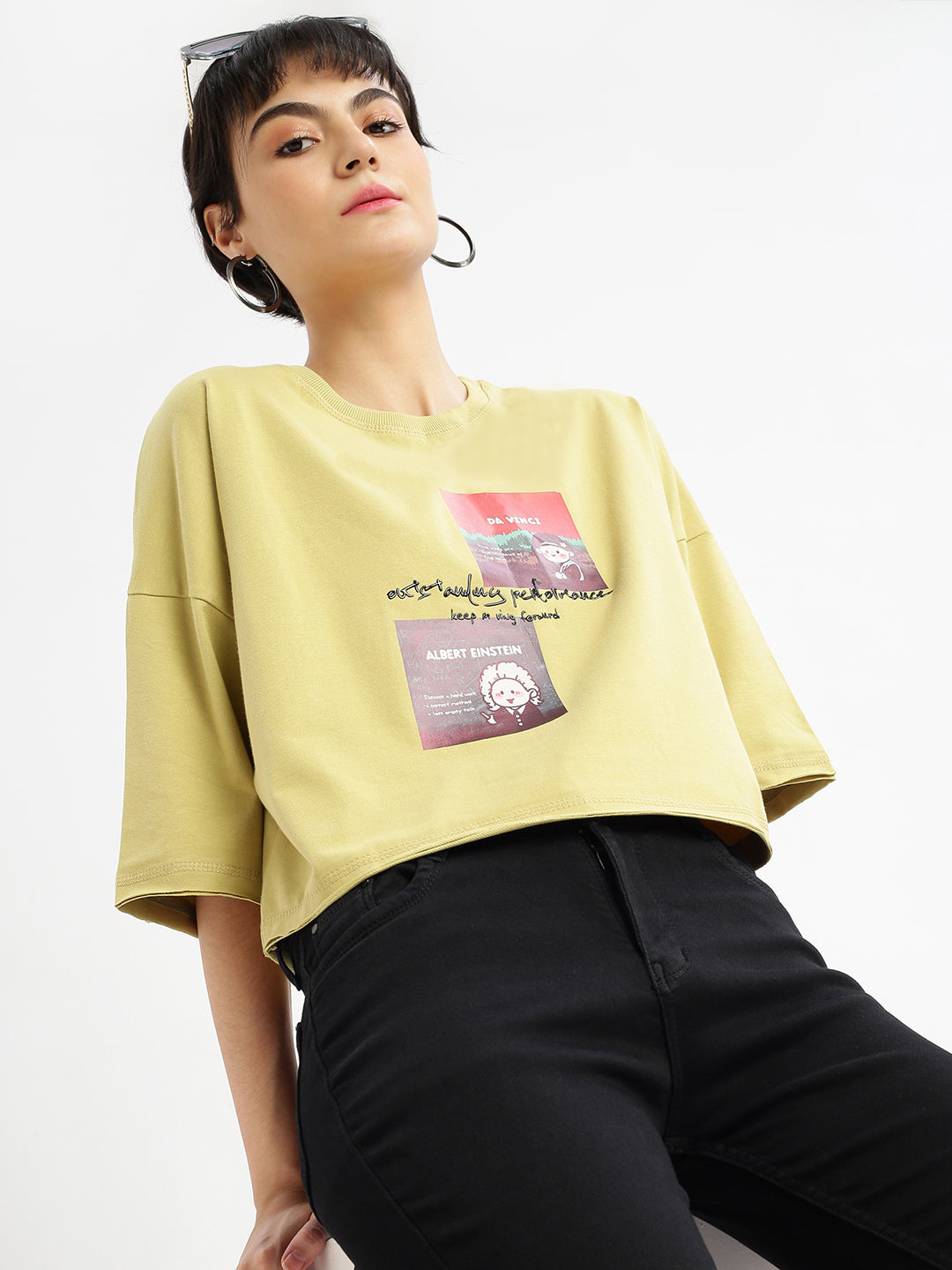 Women Graphic Mustard Boxy Crop T shirt