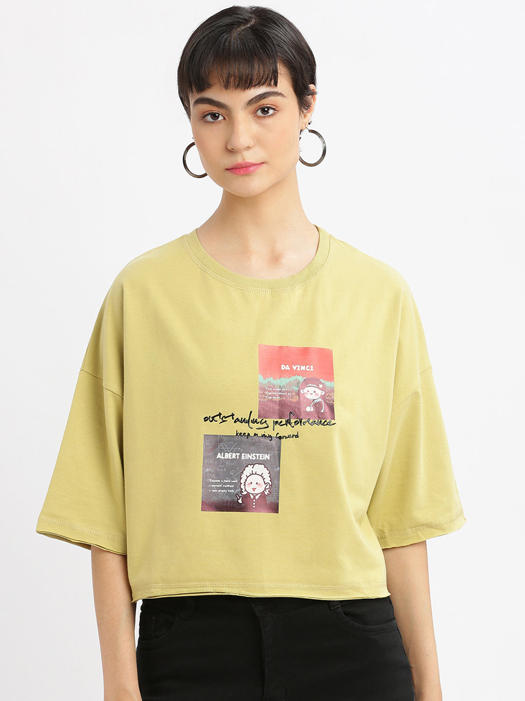 Women Graphic Mustard Boxy Crop T shirt