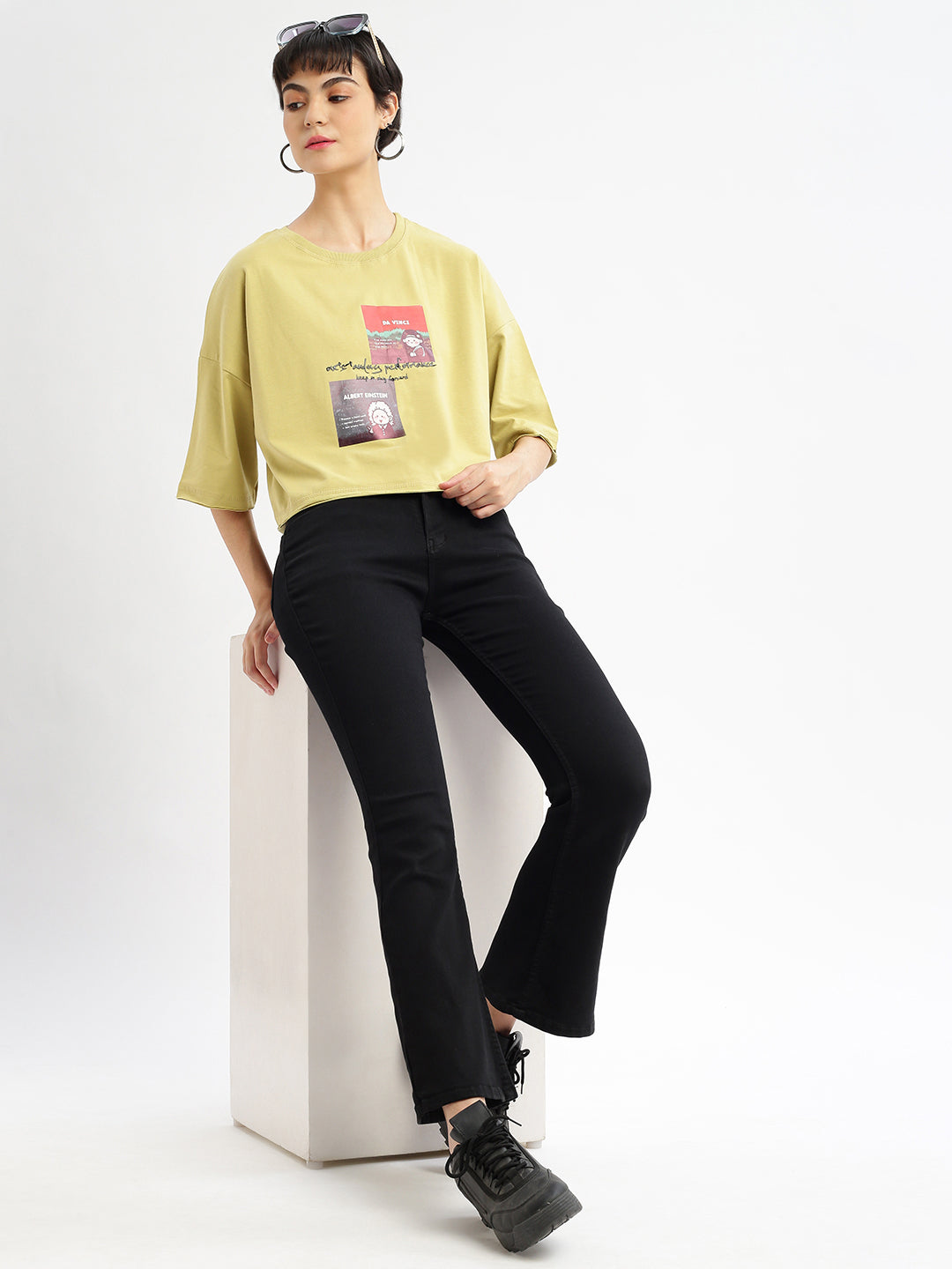 Women Graphic Mustard Boxy Crop T shirt