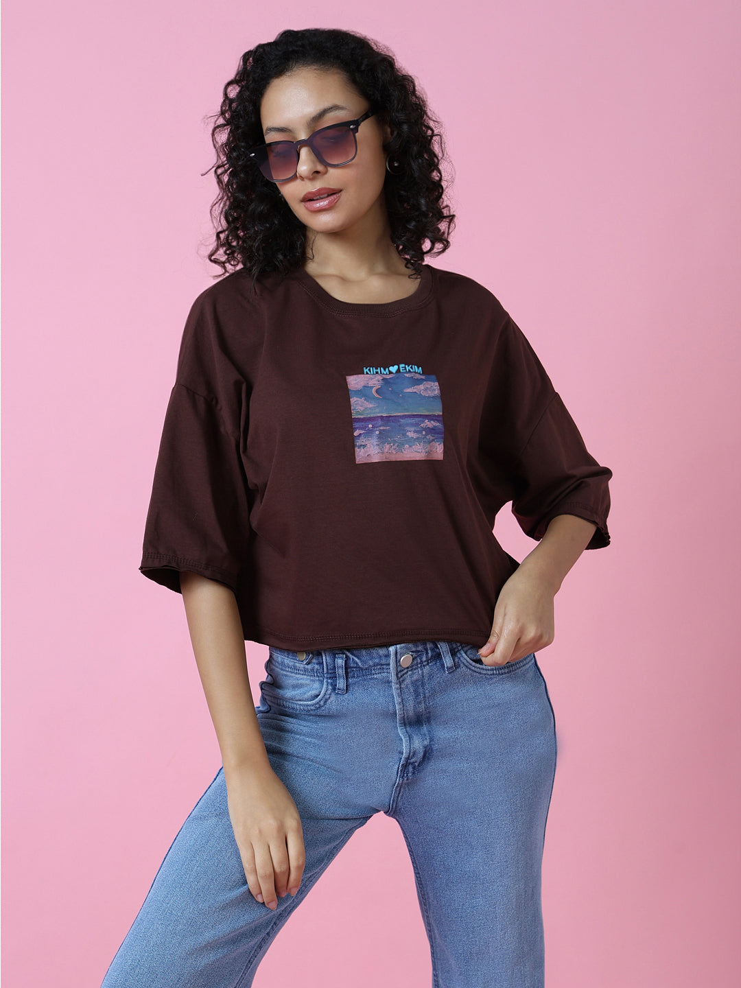 Women Graphic Brown Boxy Crop T Shirt