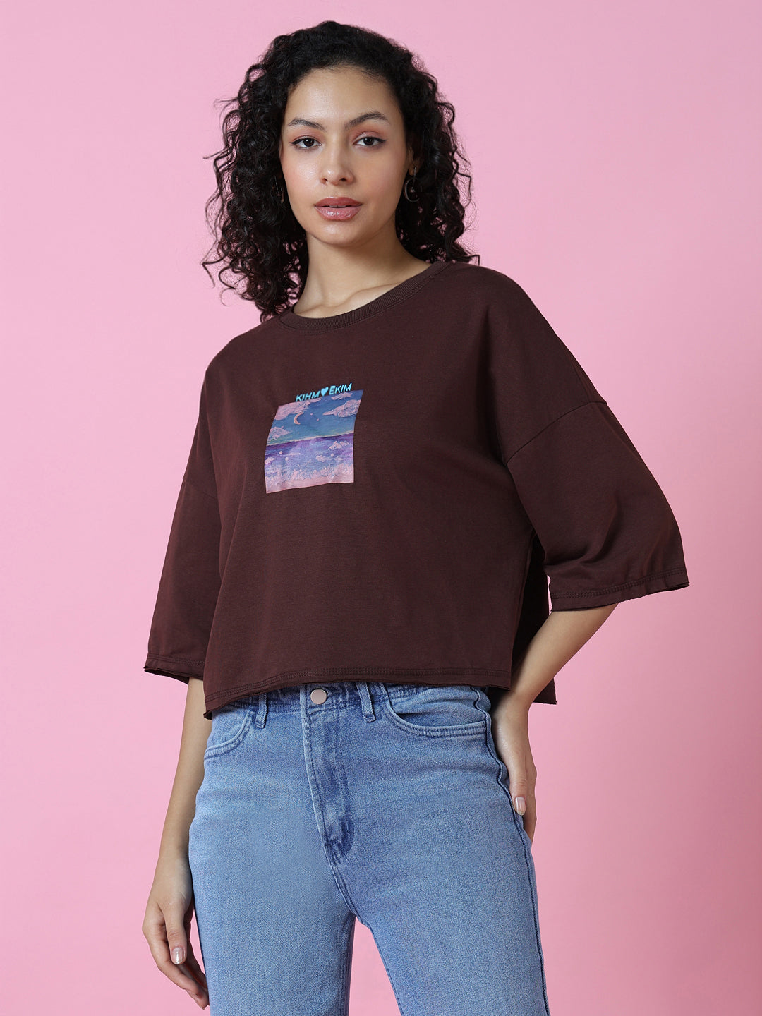 Women Graphic Brown Boxy Crop T Shirt